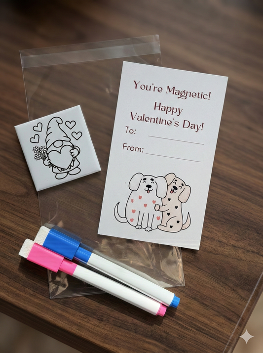 Valentine's Day card with a gnome magnet and markers on a wooden surface