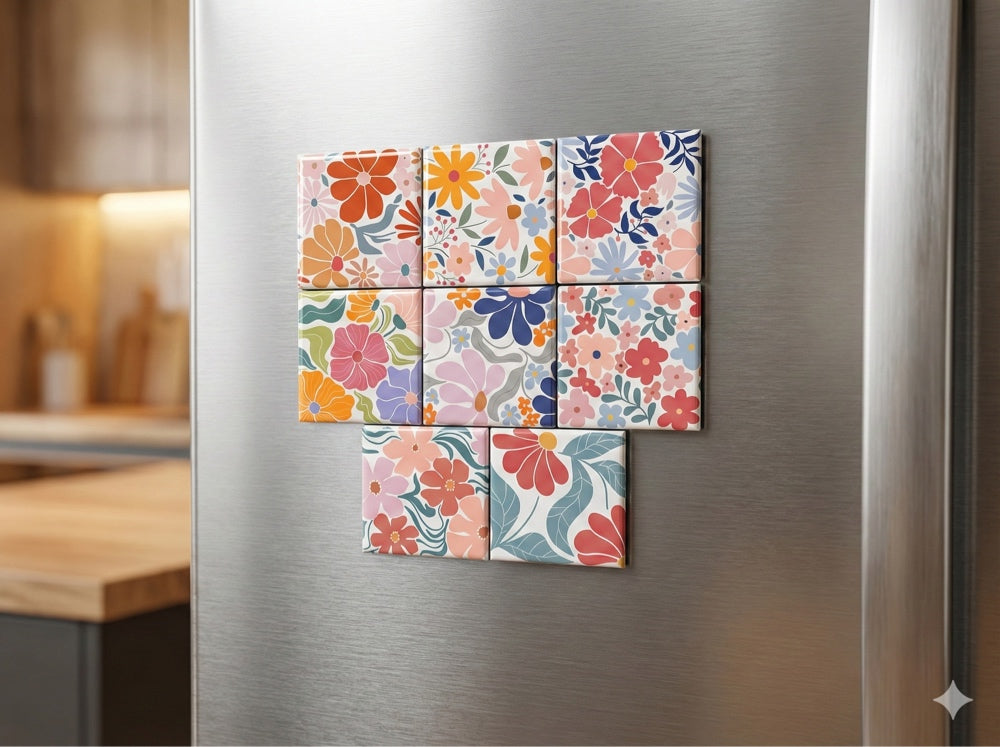 Set of 8 square fridge magnets with retro floral and wildflower patterns in pink, orange, and blue on a stainless steel refrigerator.